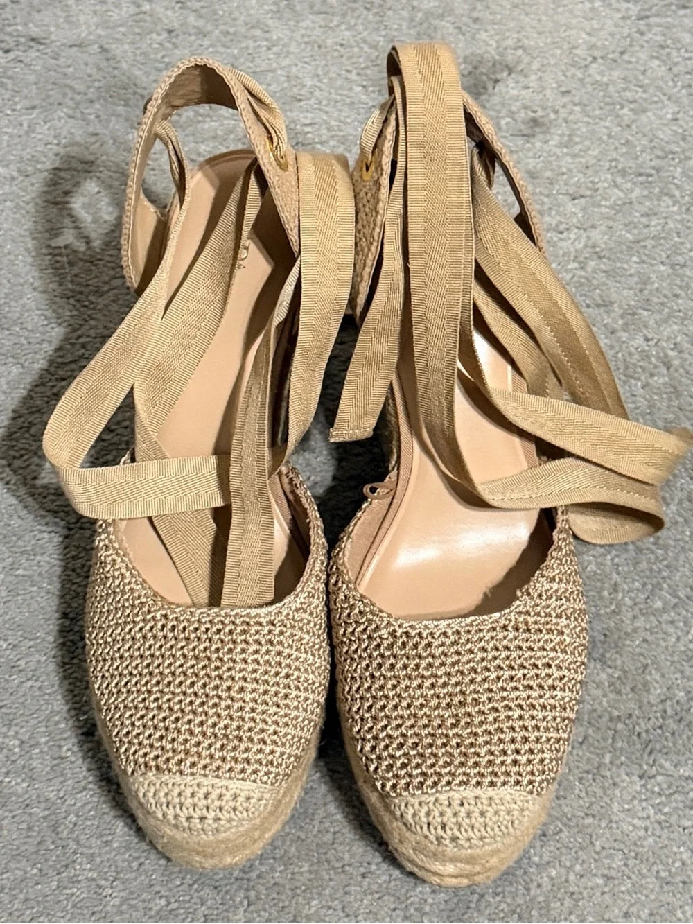 Zara Beige Woven Espadrille Wedge Sandals with Ankle Ties